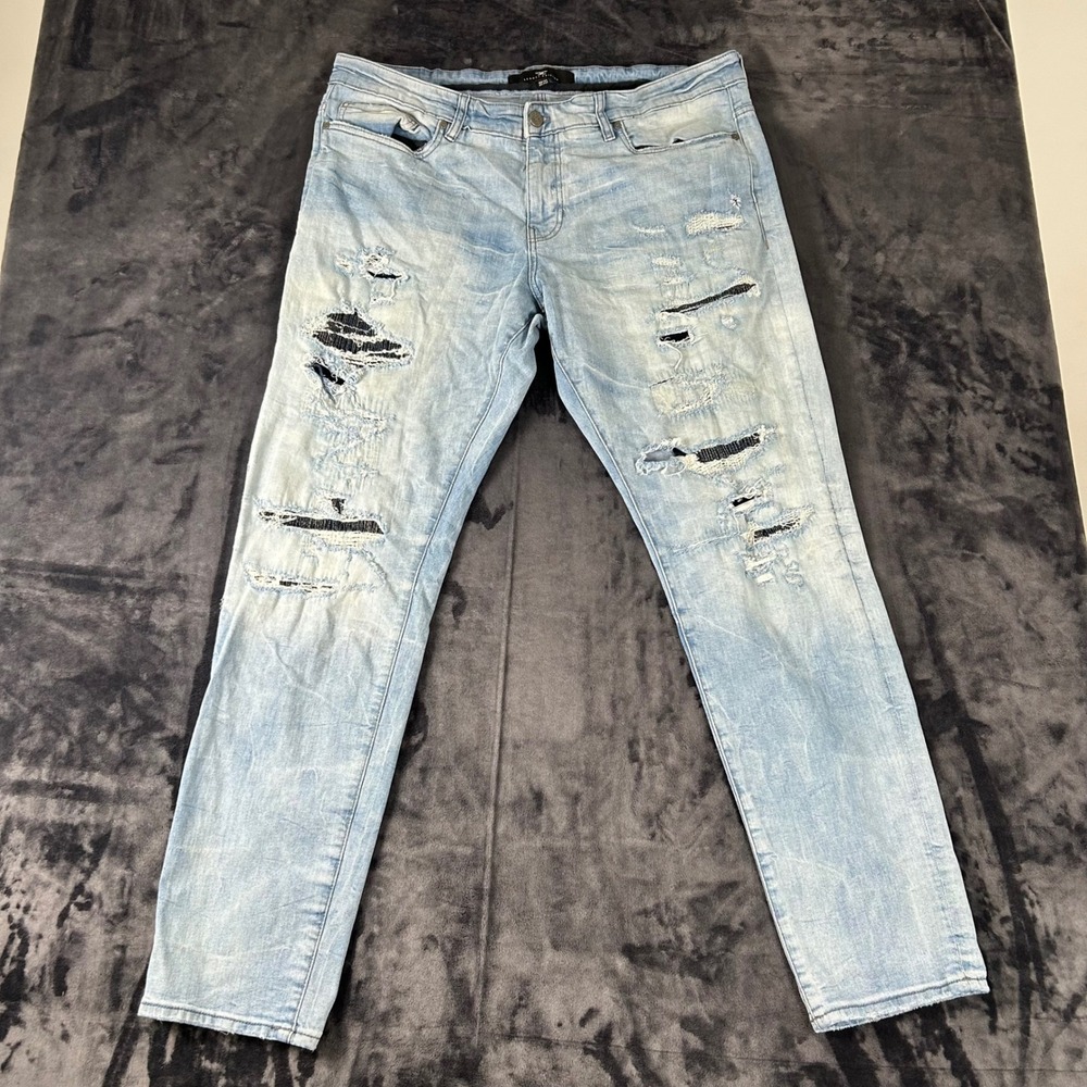 Jordan Craig Sean Jeans Mens 40/34 Light Wash Distressed Ripped Slim Fit Denim